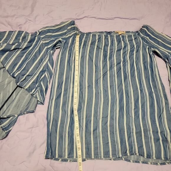 Appraisal Womens Blue Stripe Off Shoulder Shirt Flounce Bell Sleeve Imported Sm - Picture 4 of 8